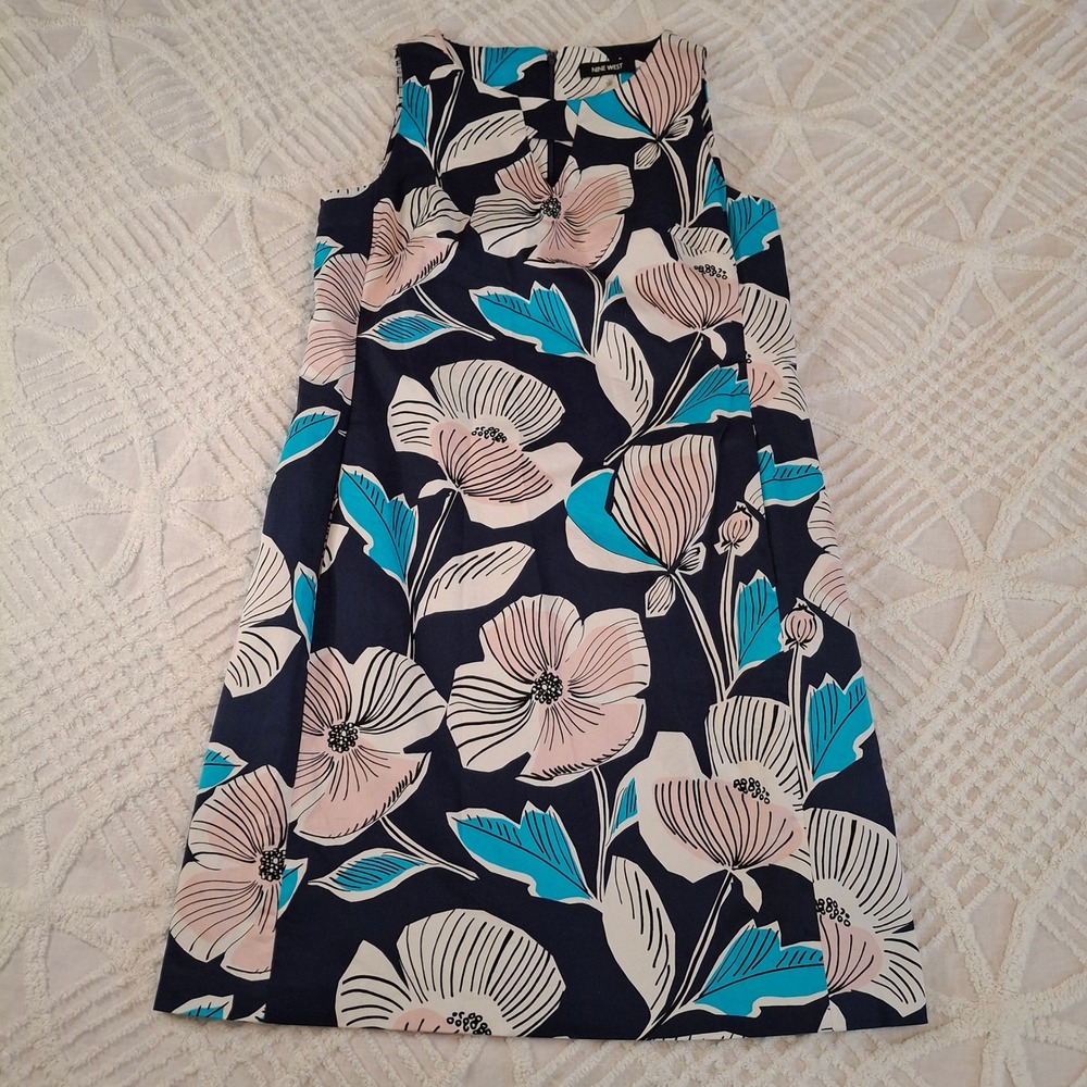 Nine West Womens Navy Pink Floral Sleeveless Shift Dress Size 12 V-Notch Neck